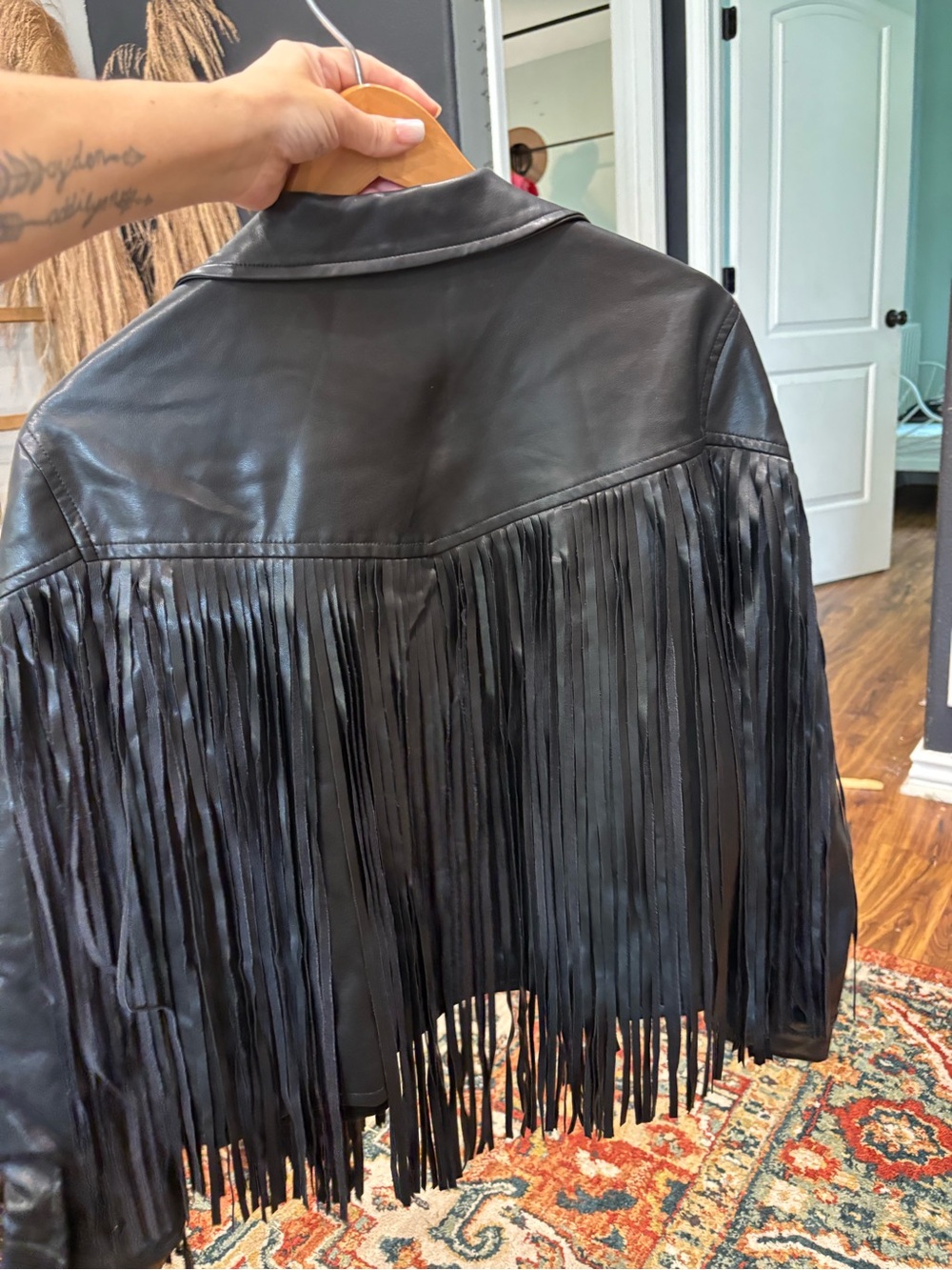 Women's Black Leather Fringe Jacket - Picture 2 of 3